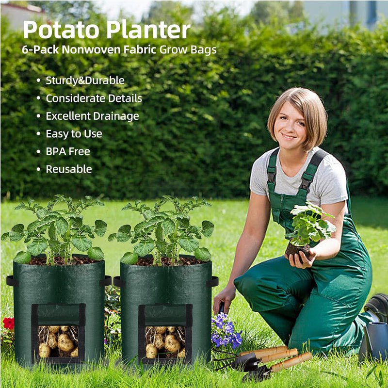 10 Gallon -6 Pack Potato Grow Bags, Heavy Duty PE Fabric Pots With Flap And Handles, Green Planter Bags For Potato Vegetables Outdoor Garden, For All Plants Growing - Trend finder