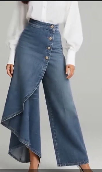 Unique Straight-leg Pants Fashion Large Ruffled Buttons Trousers Women's Faux Jeans Clothing - Trend finder