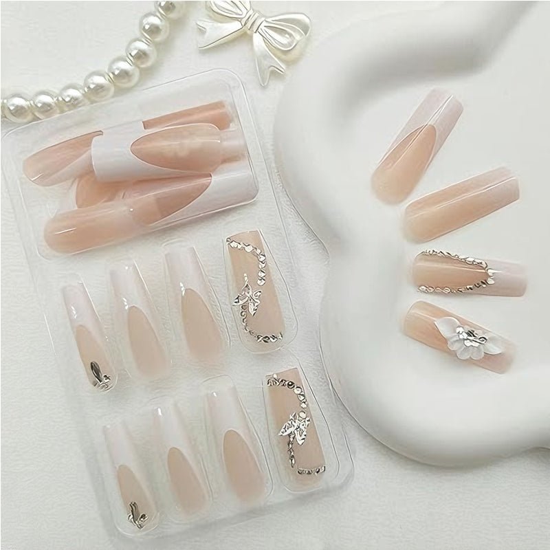 24 PCS White Flower Diamond Butterfly Nail Art, Long Length Long Water Pipe Fake Nails,Square Head Nail Tips False Nail - Trend finder
