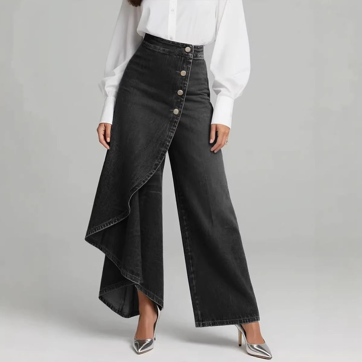 Unique Straight-leg Pants Fashion Large Ruffled Buttons Trousers Women's Faux Jeans Clothing - Trend finder