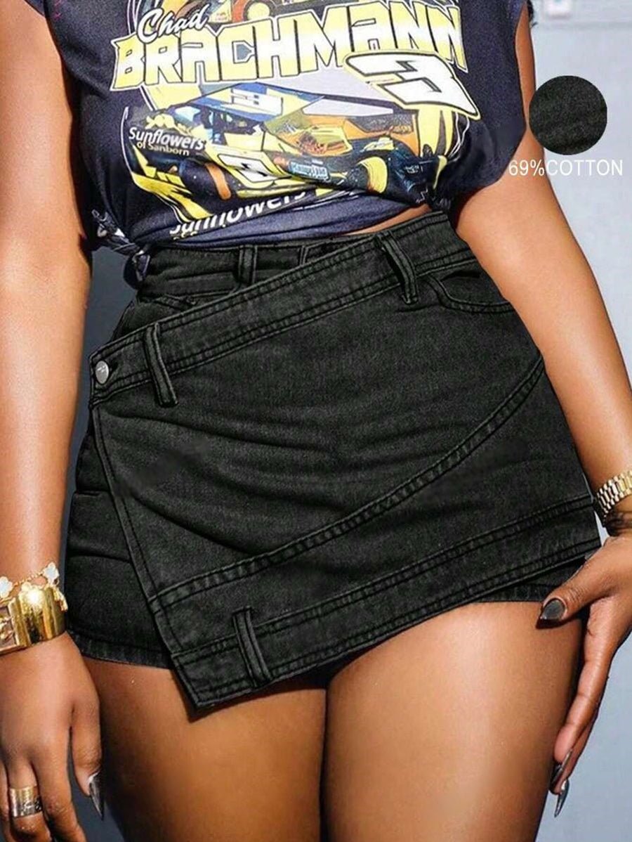 Grunge Punk Street New Vintage Stretchy Overlap Waist Wrap Asymmetric Hem A-Line Skinny Denim Skorts Halloween Clothes Jeans - Trend finder