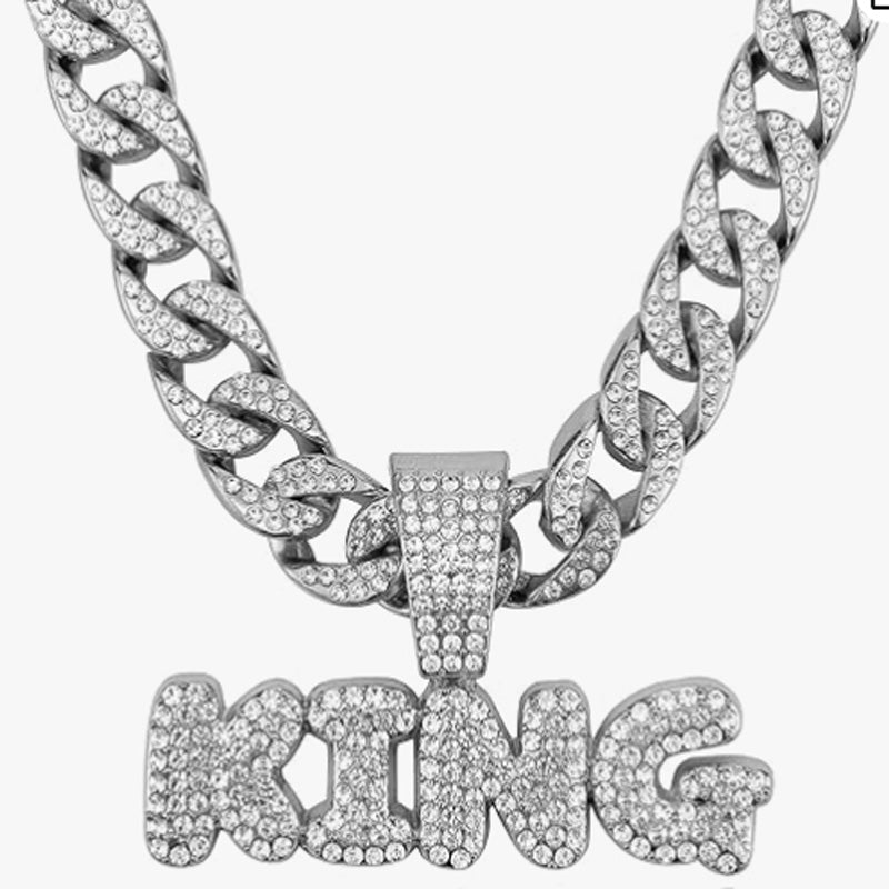 13mm Width Football Pendant Necklace,Full Diamond King Fashion Pendant Necklace, 3D Diamond Gold Zinc Alloy Stainless Steel Religious Zircon - Trend finder