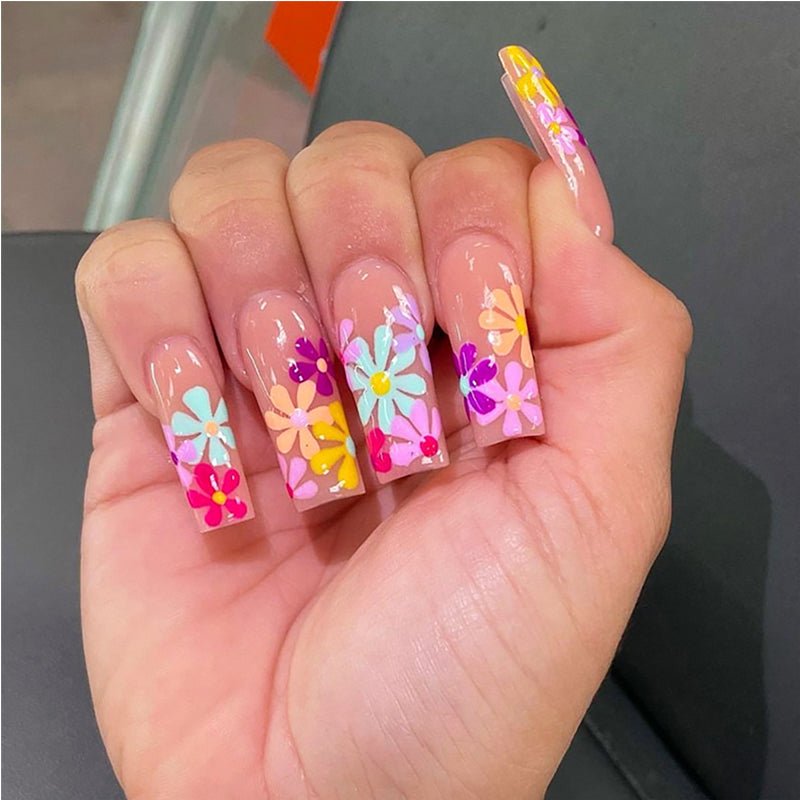 24 PCS Long Flat Flowers Nail Art, Long Length Long Water Pipe Fake Nails,Square Head Nail Tips False Nail - Trend finder