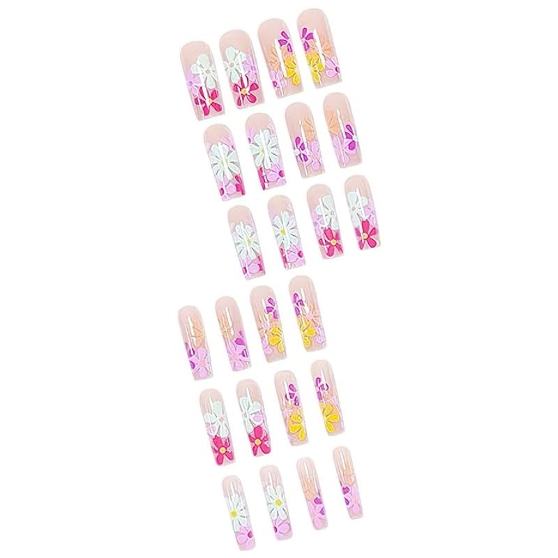 24 PCS Long Flat Flowers Nail Art, Long Length Long Water Pipe Fake Nails,Square Head Nail Tips False Nail - Trend finder