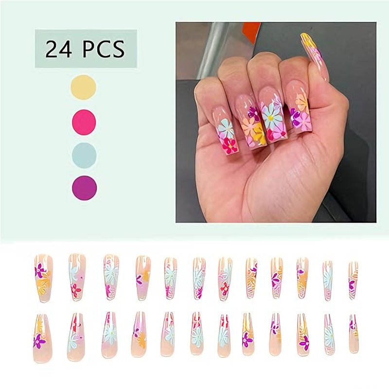 24 PCS Long Flat Flowers Nail Art, Long Length Long Water Pipe Fake Nails,Square Head Nail Tips False Nail - Trend finder