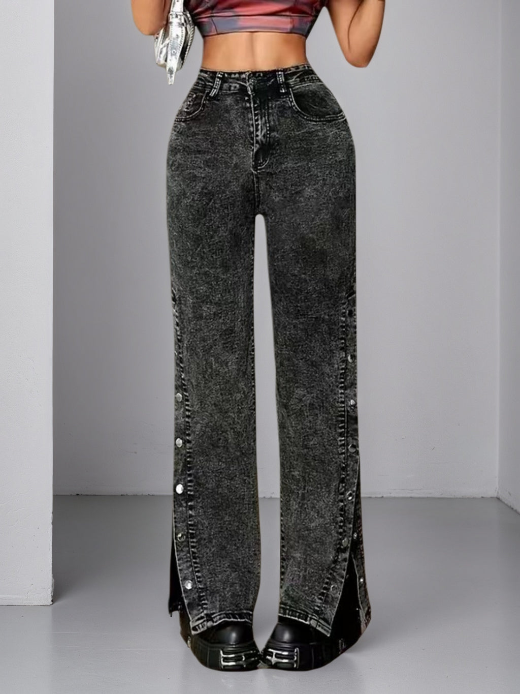 High Waisted Slightly Flared Jeans With Side Buckles, Classic Graphite Color, Comfortable Fit, Essential For Going Out. - Trend finder