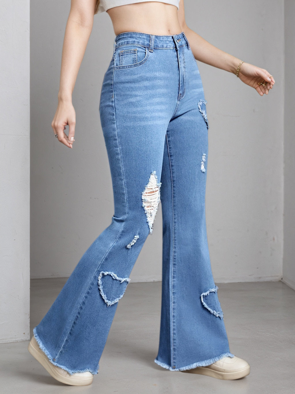 2025 New Women'S High-Stretch Flare Jeans With Heart Embroidery Patchwork - Trendy Distressed Denim Bell Bottoms, Comfortable & Versatile Light Blue Casual Pants,Fashion And Leisure - Trend finder