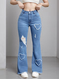 2025 New Women'S High-Stretch Flare Jeans With Heart Embroidery Patchwork - Trendy Distressed Denim Bell Bottoms, Comfortable & Versatile Light Blue Casual Pants,Fashion And Leisure - Trend finder