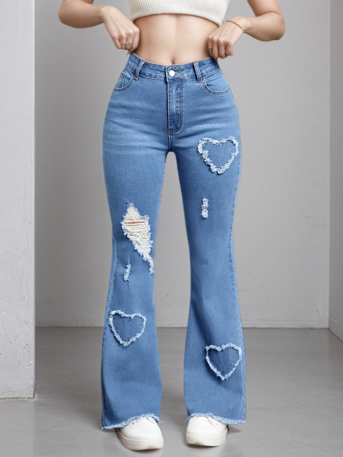 2025 New Women'S High-Stretch Flare Jeans With Heart Embroidery Patchwork - Trendy Distressed Denim Bell Bottoms, Comfortable & Versatile Light Blue Casual Pants,Fashion And Leisure - Trend finder