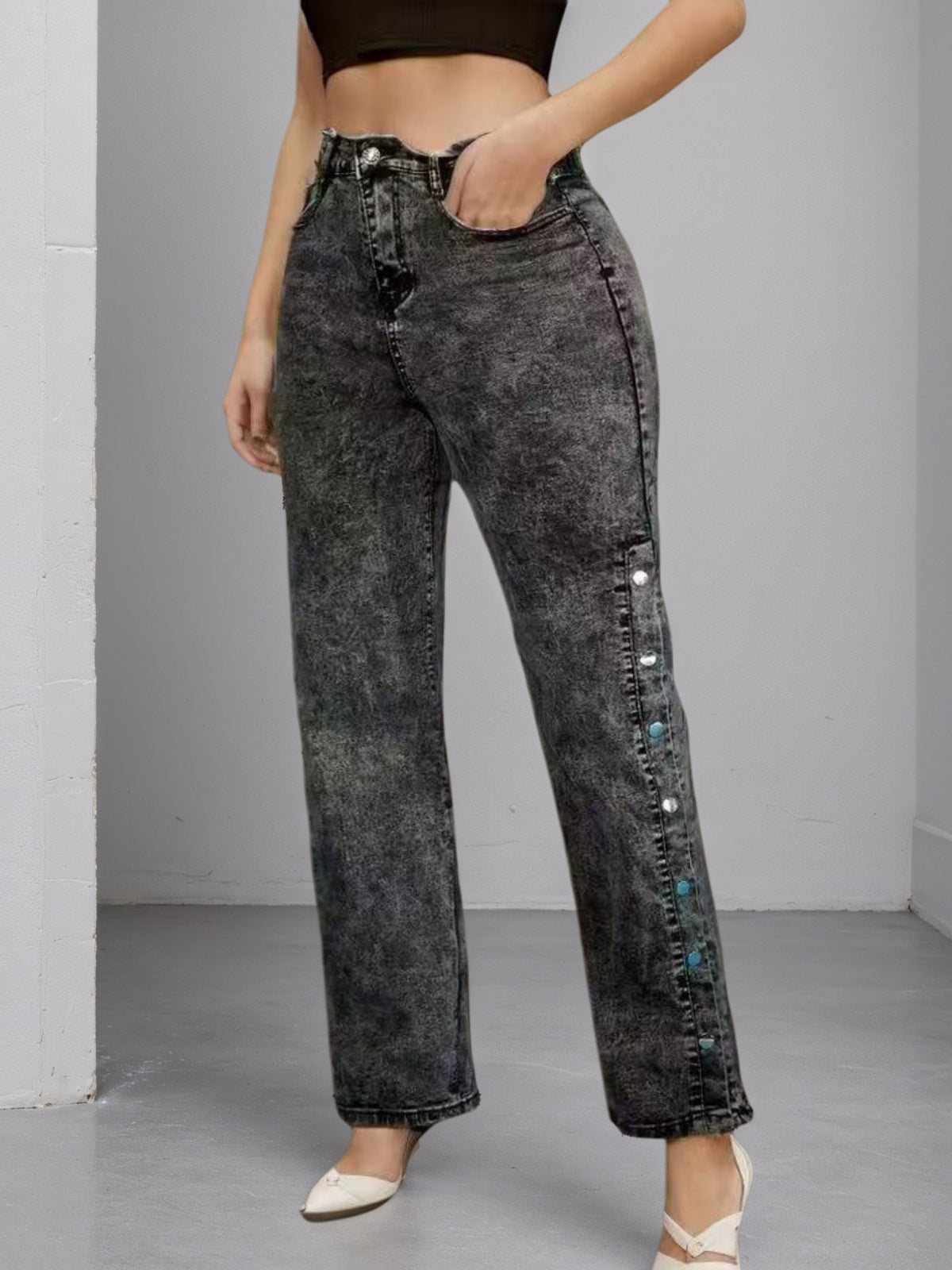 High Waisted Slightly Flared Jeans With Side Buckles, Classic Graphite Color, Comfortable Fit, Essential For Going Out. - Trend finder