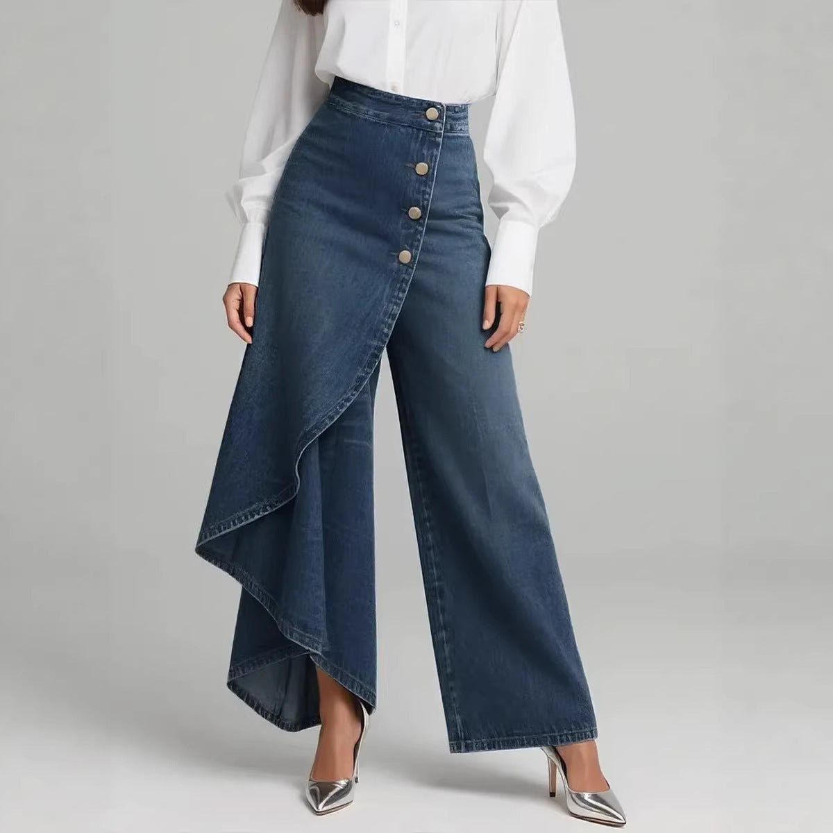 Unique Straight-leg Pants Fashion Large Ruffled Buttons Trousers Women's Faux Jeans Clothing - Trend finder