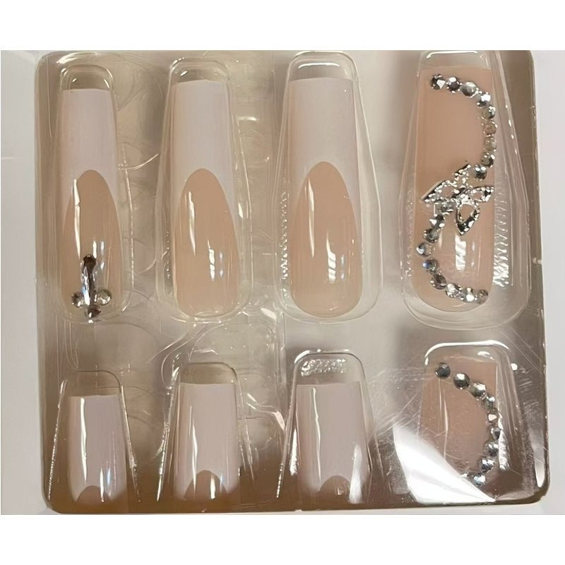 24 PCS White Flower Diamond Butterfly Nail Art, Long Length Long Water Pipe Fake Nails,Square Head Nail Tips False Nail - Trend finder