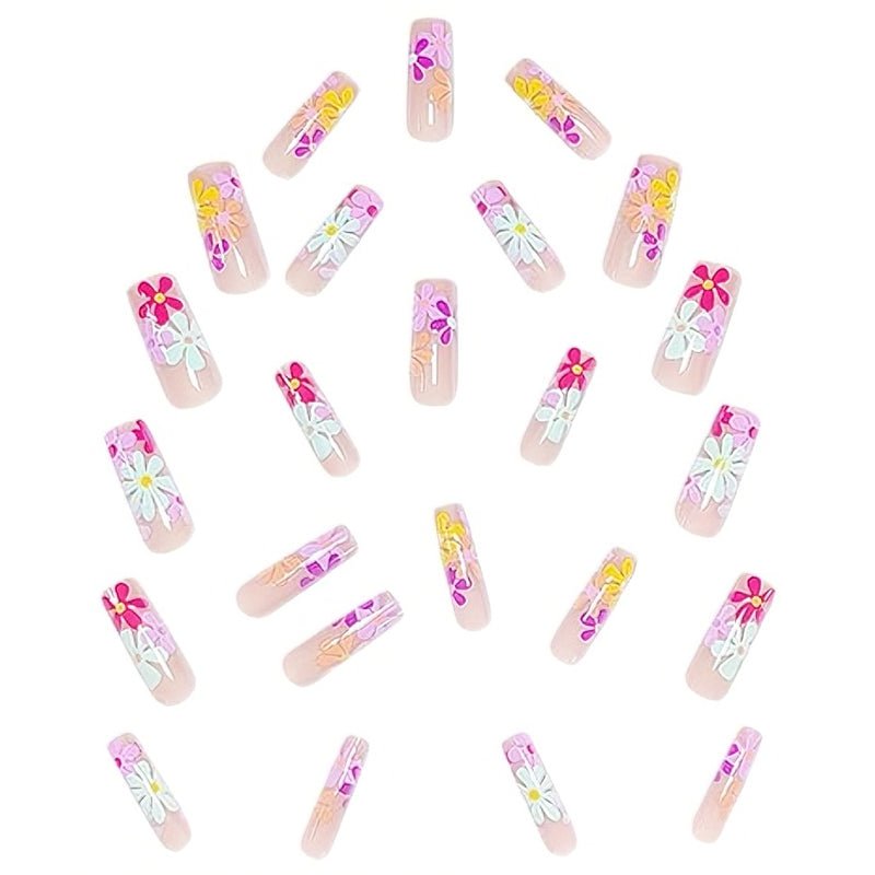 24 PCS Long Flat Flowers Nail Art, Long Length Long Water Pipe Fake Nails,Square Head Nail Tips False Nail - Trend finder