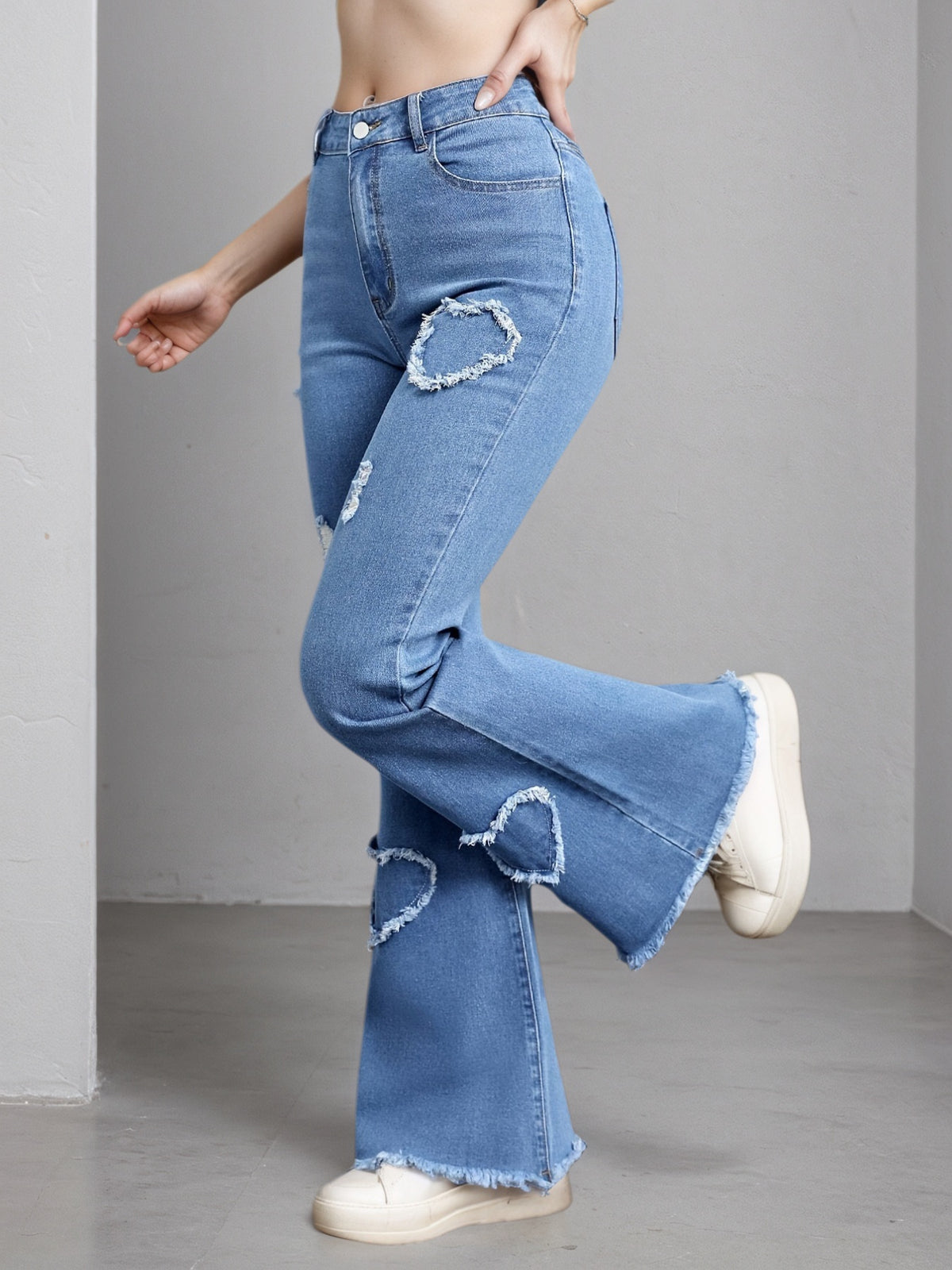 2025 New Women'S High-Stretch Flare Jeans With Heart Embroidery Patchwork - Trendy Distressed Denim Bell Bottoms, Comfortable & Versatile Light Blue Casual Pants,Fashion And Leisure - Trend finder