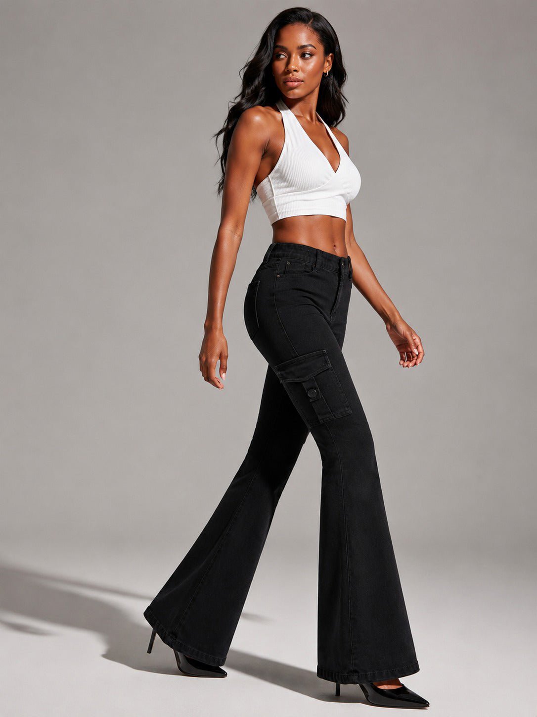 Women's High-quality Stretch Vintage Washed Cargo Flare Jeans, Y2K Style, Casual And Versatile, Suitable For All Seasons - Trend finder