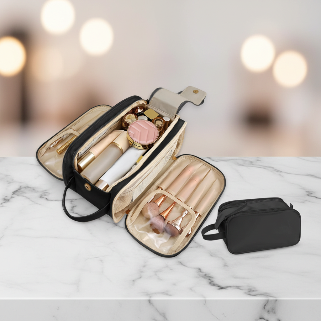 Large Capacity Cosmetic Organizer ,Travel Makeup Bag Organizer, Large Capacity Toiletry Bags For Traveling, Flat Open Waterproof PU Leather Cosmetic Bag With Compartments And Handles