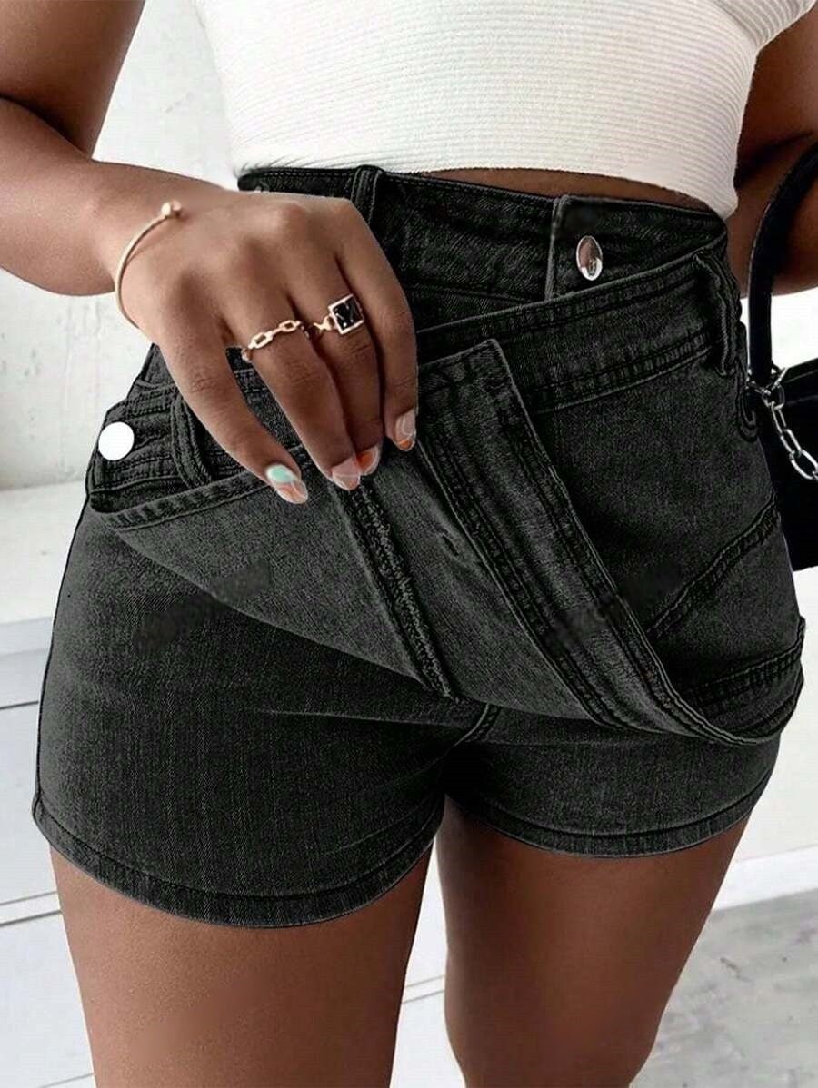 Grunge Punk Street New Vintage Stretchy Overlap Waist Wrap Asymmetric Hem A-Line Skinny Denim Skorts Halloween Clothes Jeans - Trend finder