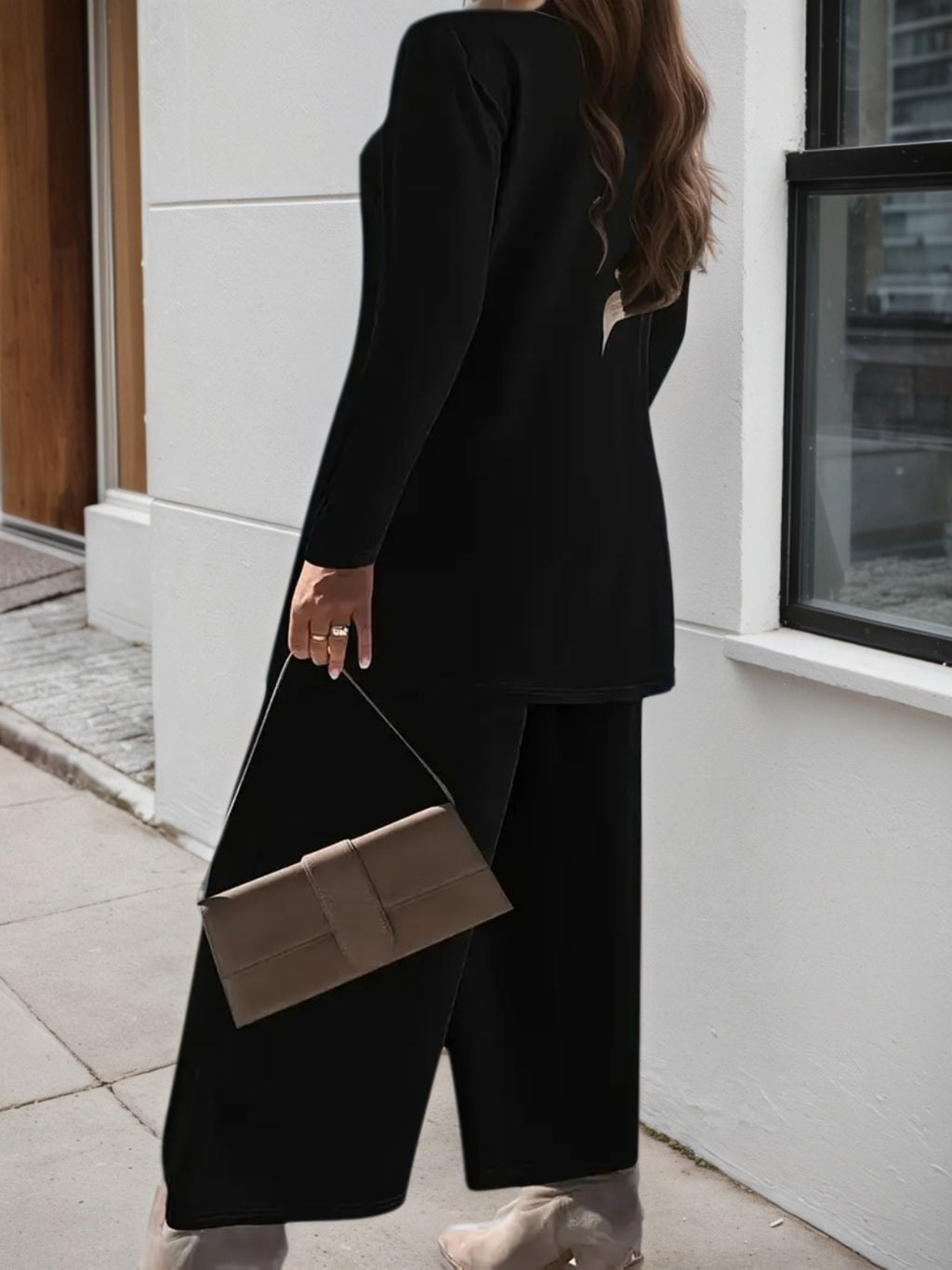 New Elegant Solid Color Two-Piece Set For Women, Round Neck Top With Wide Leg Pants, Casual Women's Wear For Spring, Autumn, And Winter Seasons - Trend finder