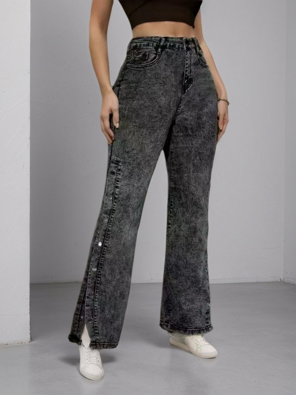 High Waisted Slightly Flared Jeans With Side Buckles, Classic Graphite Color, Comfortable Fit, Essential For Going Out. - Trend finder
