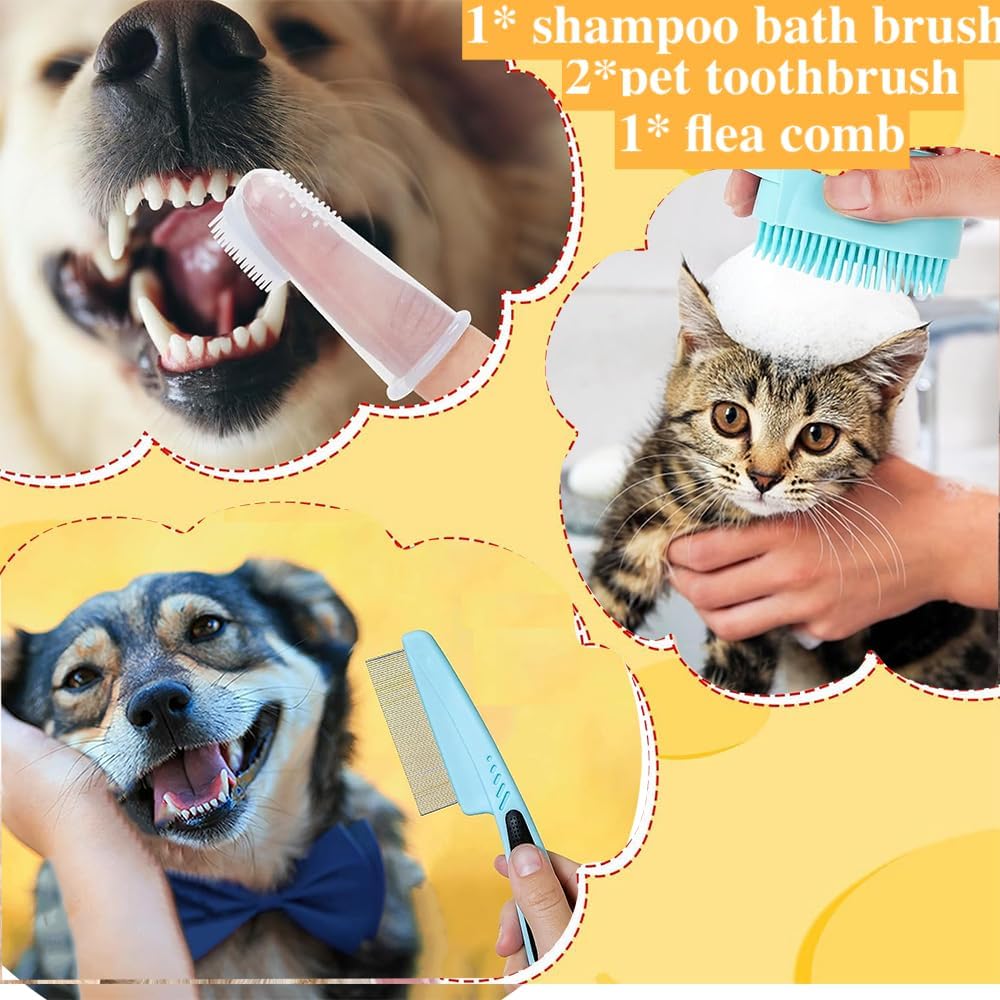 7pcs Pet Grooming Kit, Self-Cleaning Brush Shedding Kit With Nail Clipper, Flea Comb, Shampoo Bath Brush, Finger Toothbrush - Trend finder