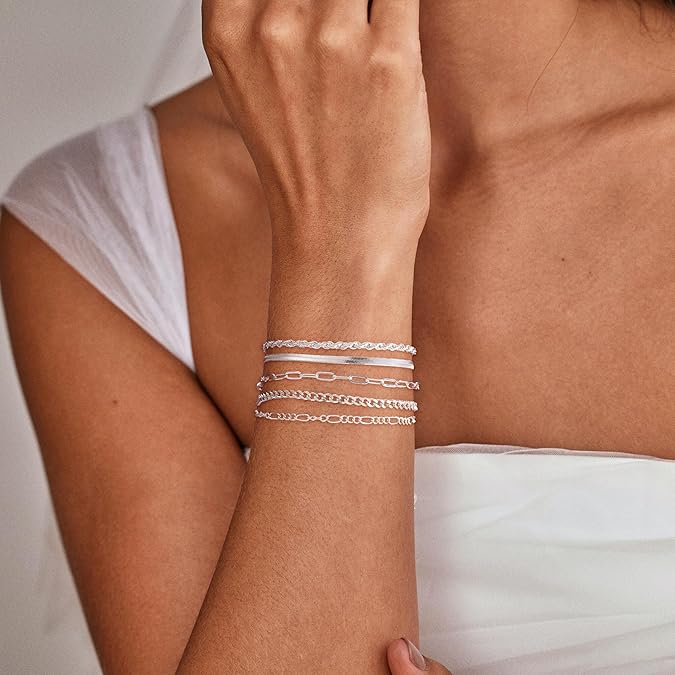 5pcs Silver Bracelets For Women, 14K Silver Plated Dainty Bracelets Set For Women Trendy Adjustable Stackable Bracelets - Trend finder