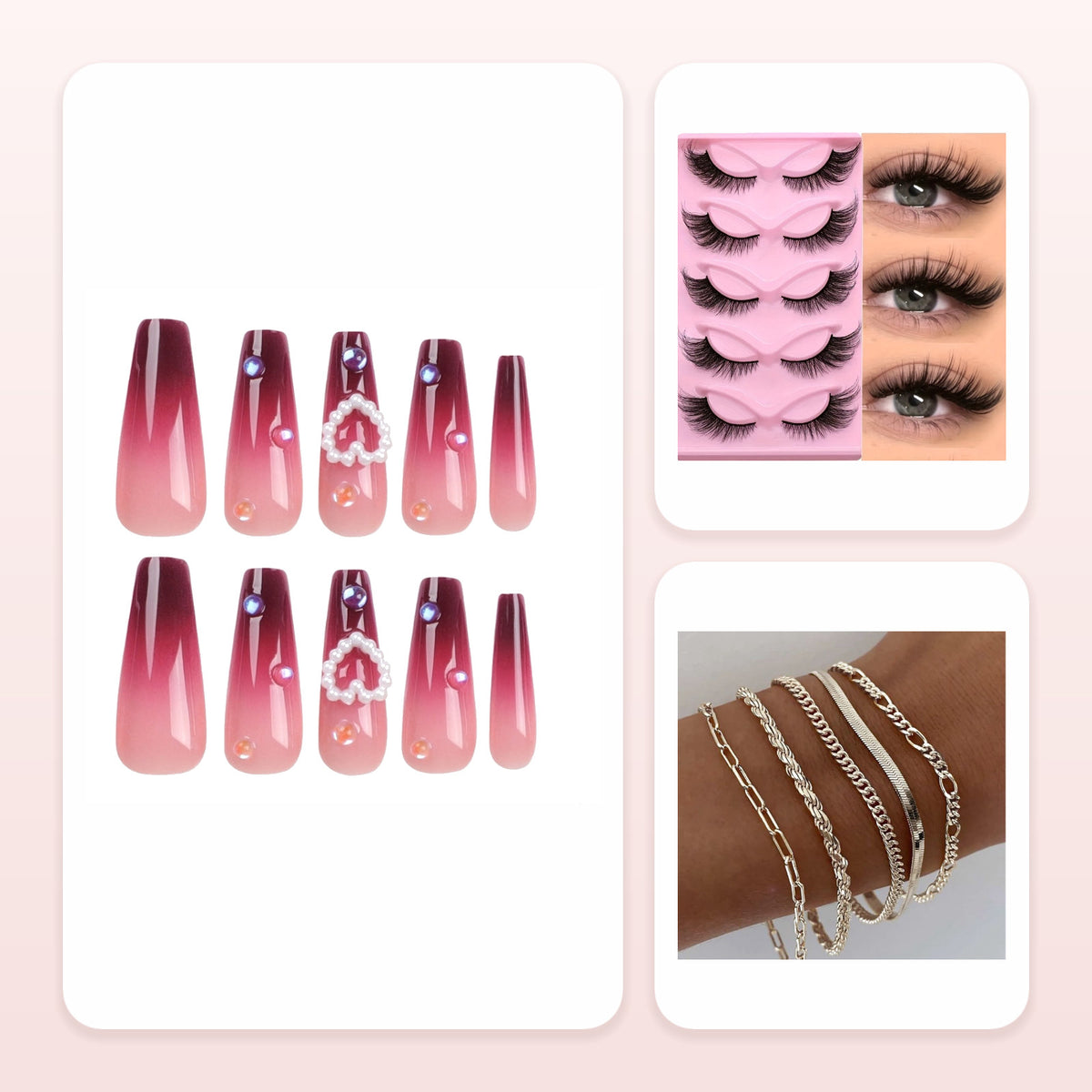 24 PCS Red Heart Nail Art, Long Length Long Water Pipe Fake Nails,Square Head Nail Tips False Nail Bundle - Trend finder