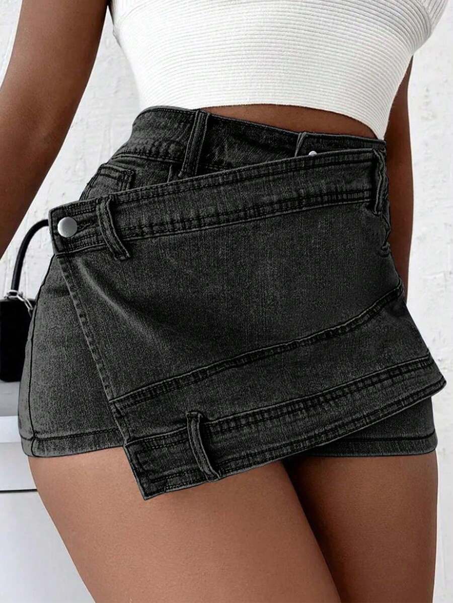 Grunge Punk Street New Vintage Stretchy Overlap Waist Wrap Asymmetric Hem A-Line Skinny Denim Skorts Halloween Clothes Jeans - Trend finder
