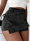 Grunge Punk Street New Vintage Stretchy Overlap Waist Wrap Asymmetric Hem A-Line Skinny Denim Skorts Halloween Clothes Jeans - Trend finder