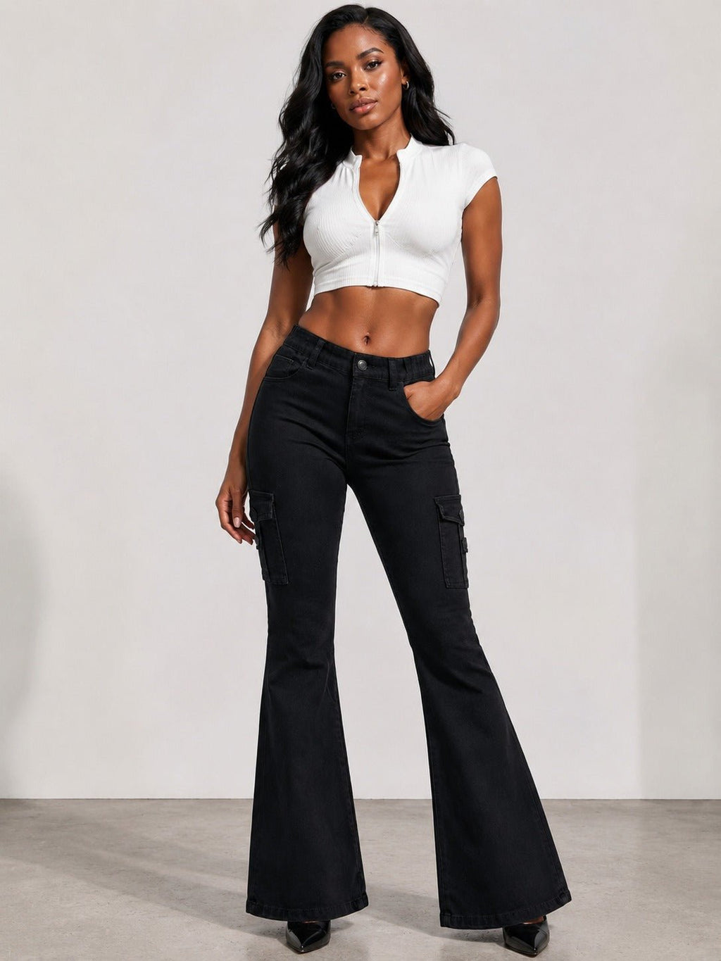Women's High-quality Stretch Vintage Washed Cargo Flare Jeans, Y2K Style, Casual And Versatile, Suitable For All Seasons - Trend finder