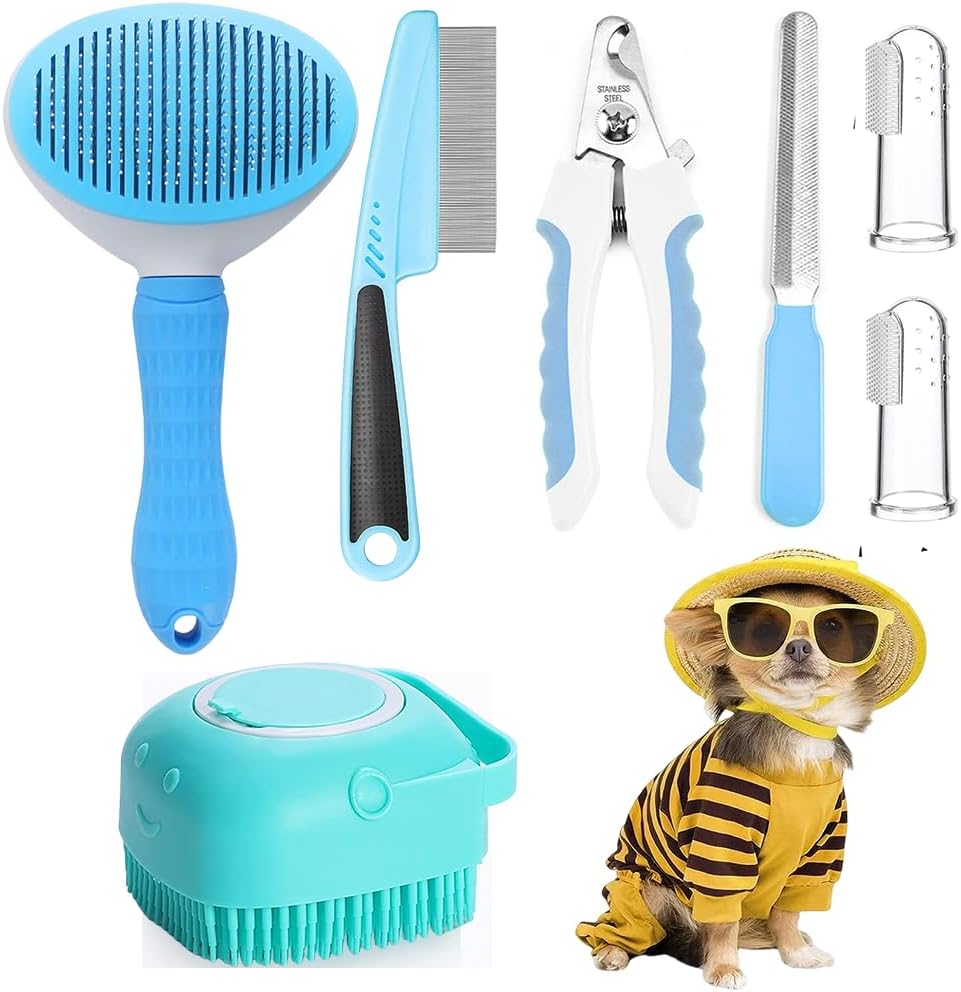 7pcs Pet Grooming Kit, Self-Cleaning Brush Shedding Kit With Nail Clipper, Flea Comb, Shampoo Bath Brush, Finger Toothbrush - Trend finder