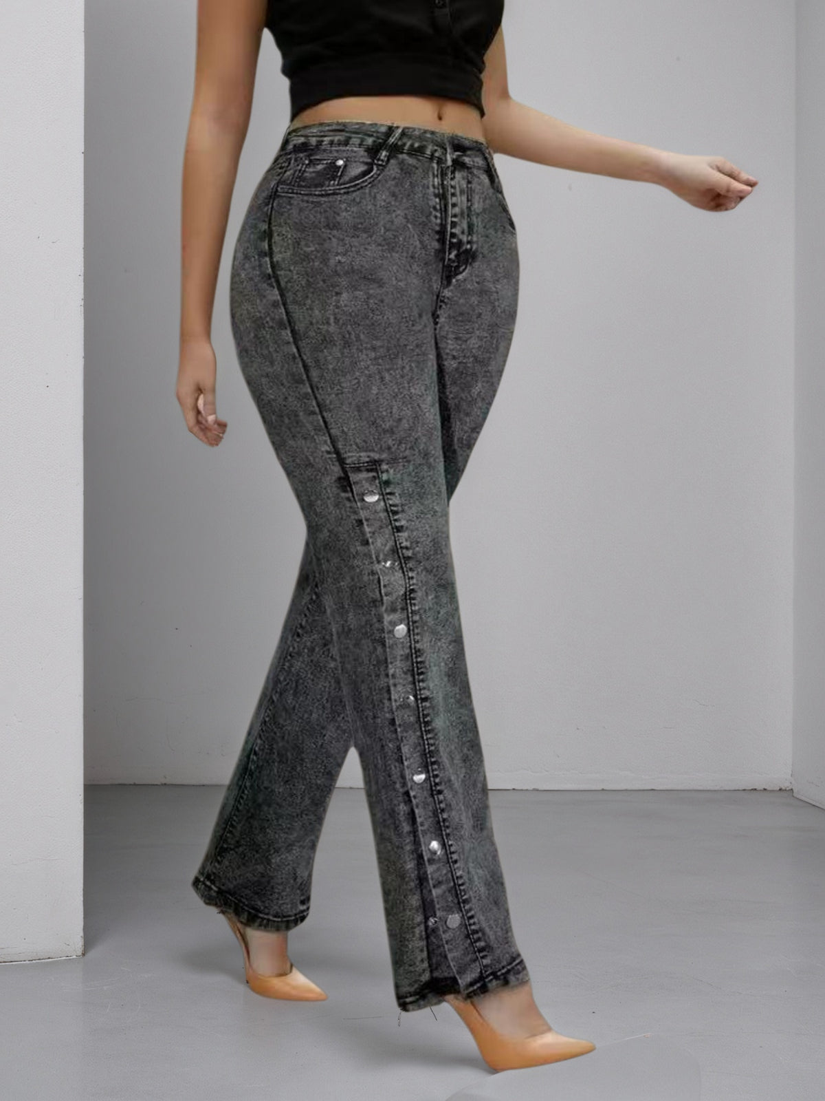 High Waisted Slightly Flared Jeans With Side Buckles, Classic Graphite Color, Comfortable Fit, Essential For Going Out. - Trend finder