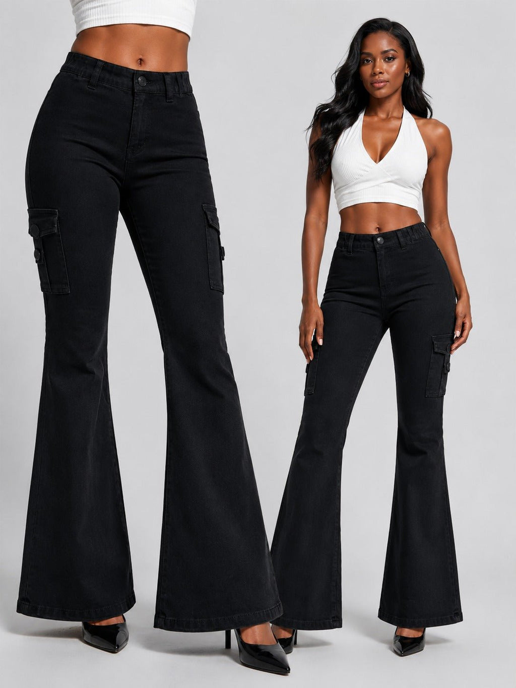 Women's High-quality Stretch Vintage Washed Cargo Flare Jeans, Y2K Style, Casual And Versatile, Suitable For All Seasons - Trend finder