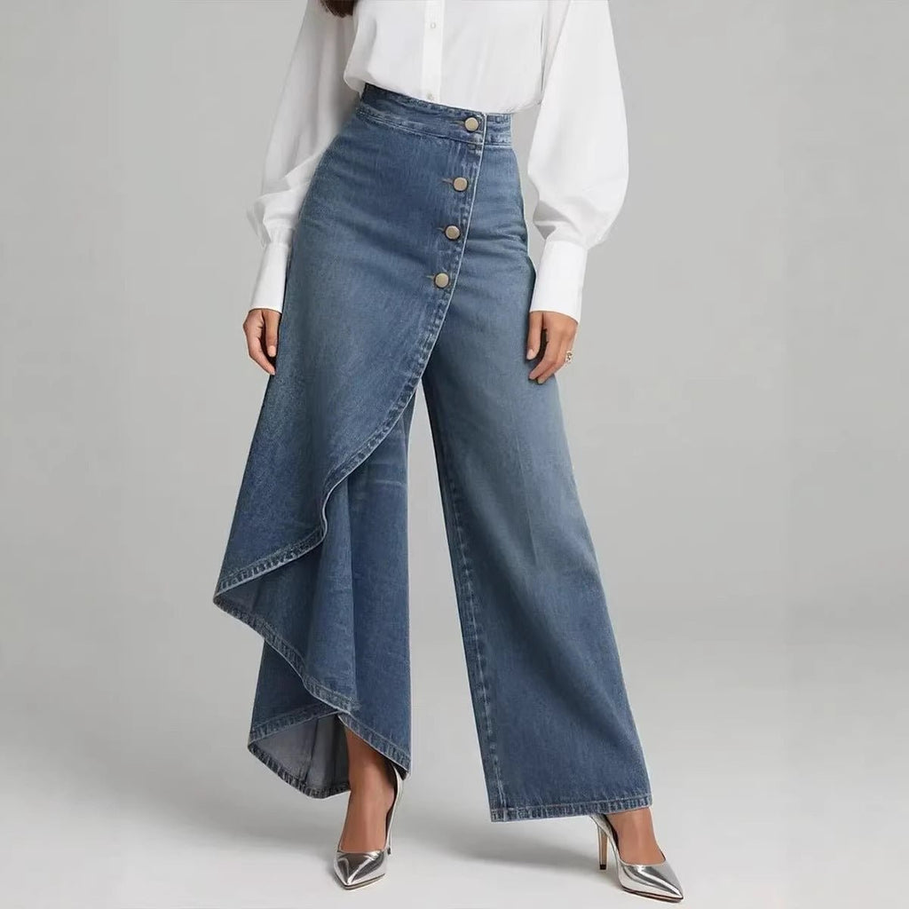 Unique Straight-leg Pants Fashion Large Ruffled Buttons Trousers Women's Faux Jeans Clothing - Trend finder
