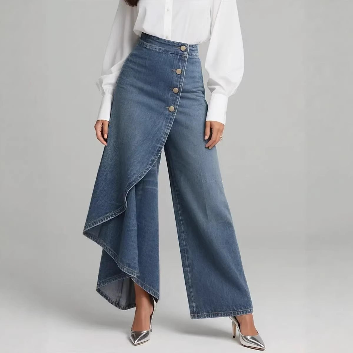 Unique Straight-leg Pants Fashion Large Ruffled Buttons Trousers Women's Faux Jeans Clothing - Trend finder