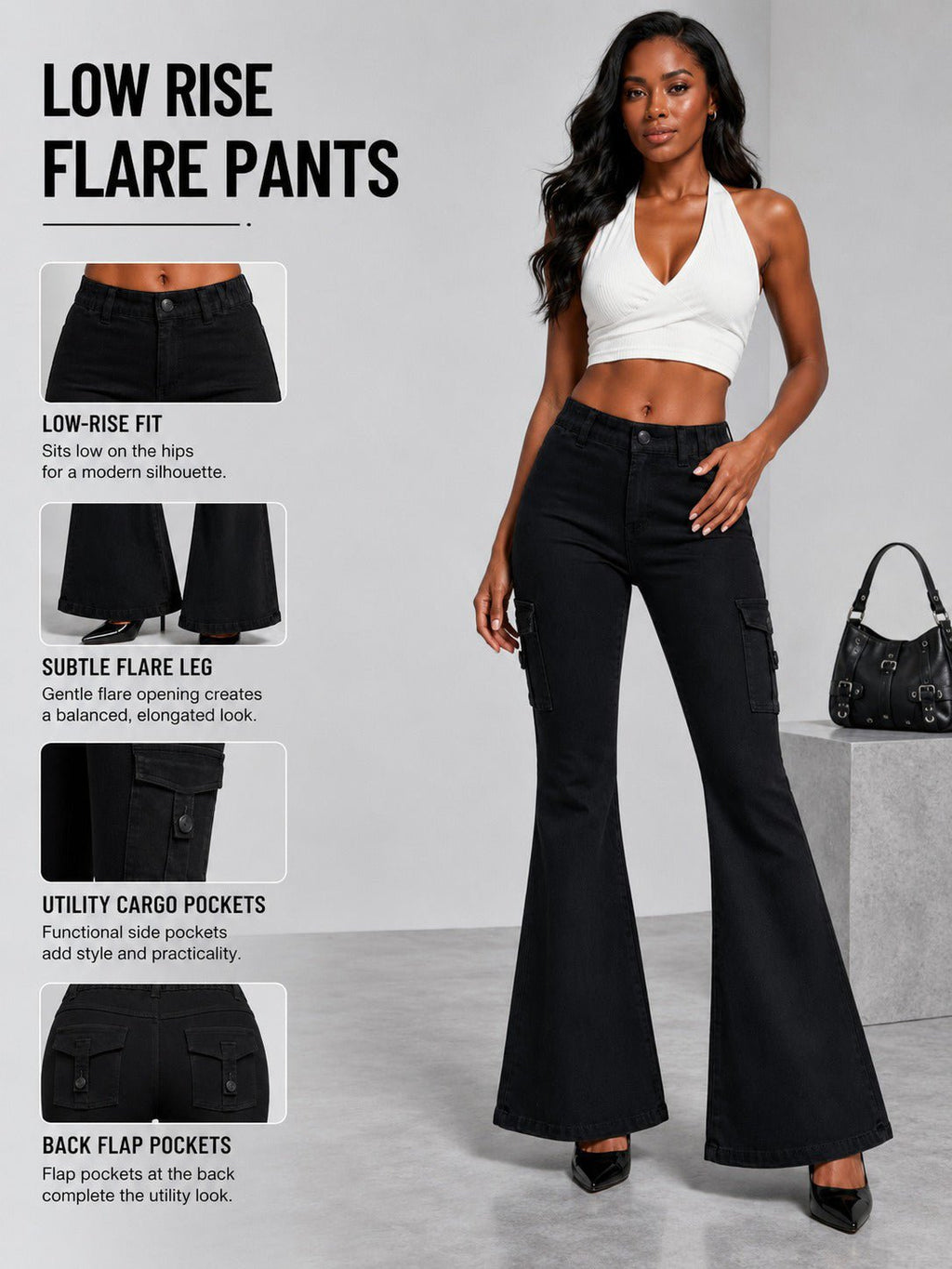 Women's High-quality Stretch Vintage Washed Cargo Flare Jeans, Y2K Style, Casual And Versatile, Suitable For All Seasons - Trend finder