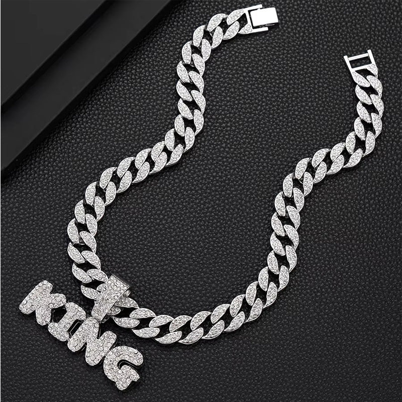 13mm Width Football Pendant Necklace,Full Diamond King Fashion Pendant Necklace, 3D Diamond Gold Zinc Alloy Stainless Steel Religious Zircon - Trend finder