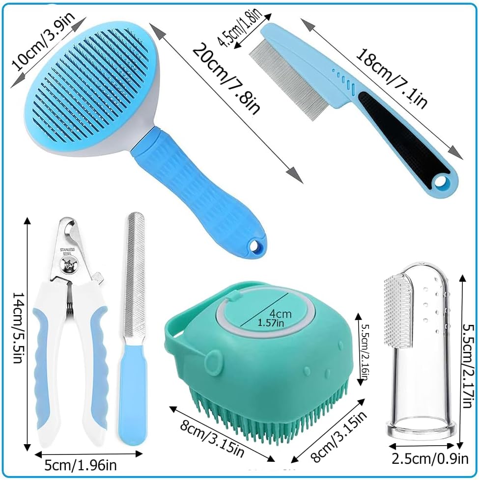 7pcs Pet Grooming Kit, Self-Cleaning Brush Shedding Kit With Nail Clipper, Flea Comb, Shampoo Bath Brush, Finger Toothbrush - Trend finder