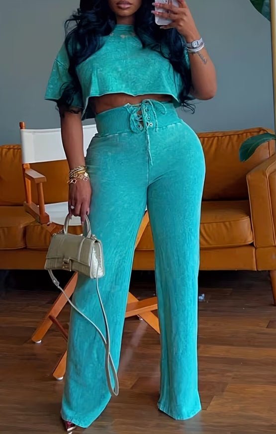 American Retro Round Neck Cropped Top High-waisted Drawstring Wide-leg Pants Set For Women - Trend finder